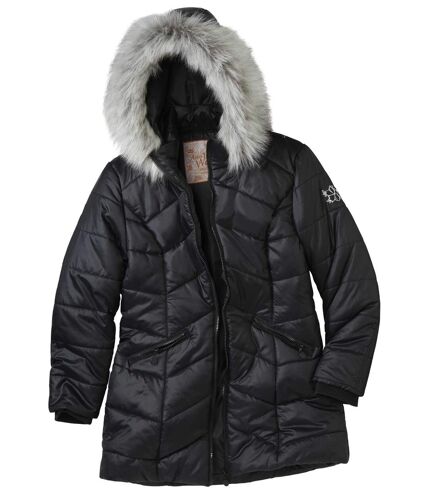 Women's Black Water-Repellent Padded Coat - Removable Faux Fur Hood