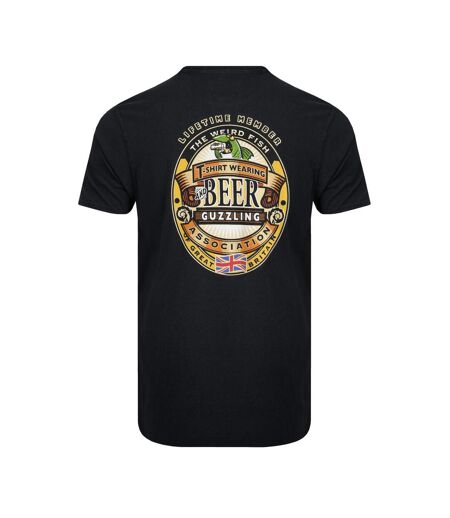 Mens beer guzzling back print t-shirt black Weird Fish