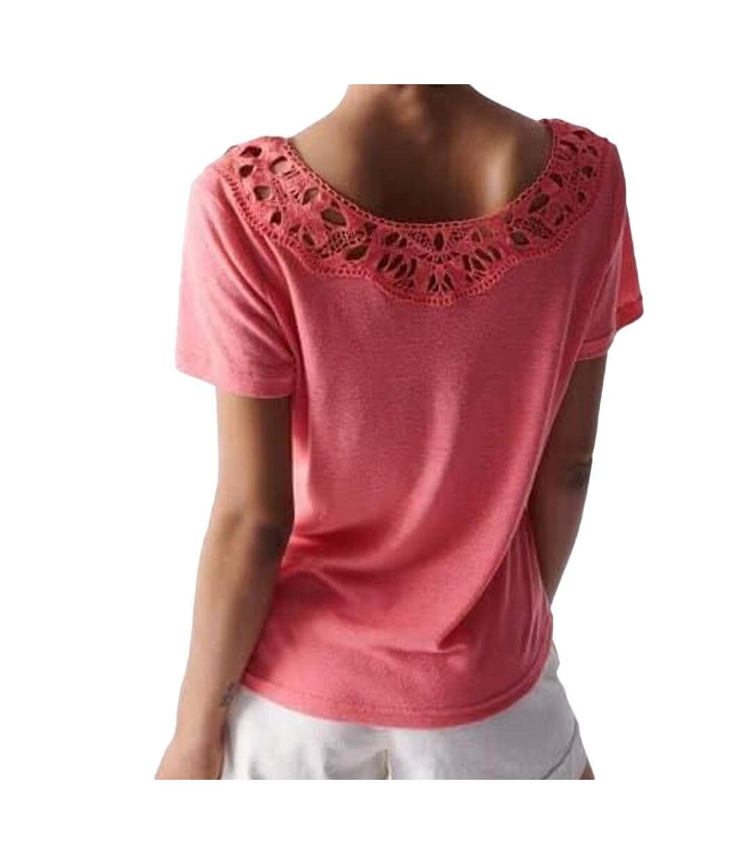 T-shirt rose femme salsa lace trimmed-2