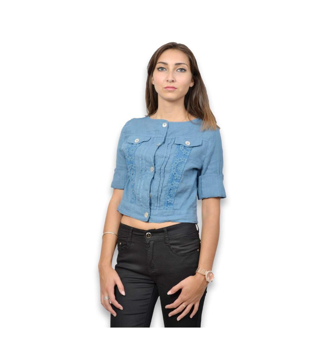 Veste femme manches 3/4 de couleur bleu col rond-1