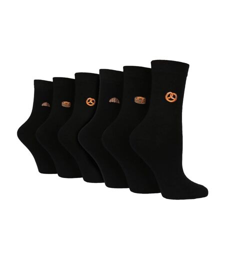 6 Pairs Ladies Multipack Black Novelty Socks: Embroidered Crew Cotton Socks