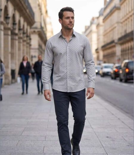 CHALLENGER CH4004 IMPRIME — Chemise à carreaux manches longues gris et bleu : coupe confort en pur coton