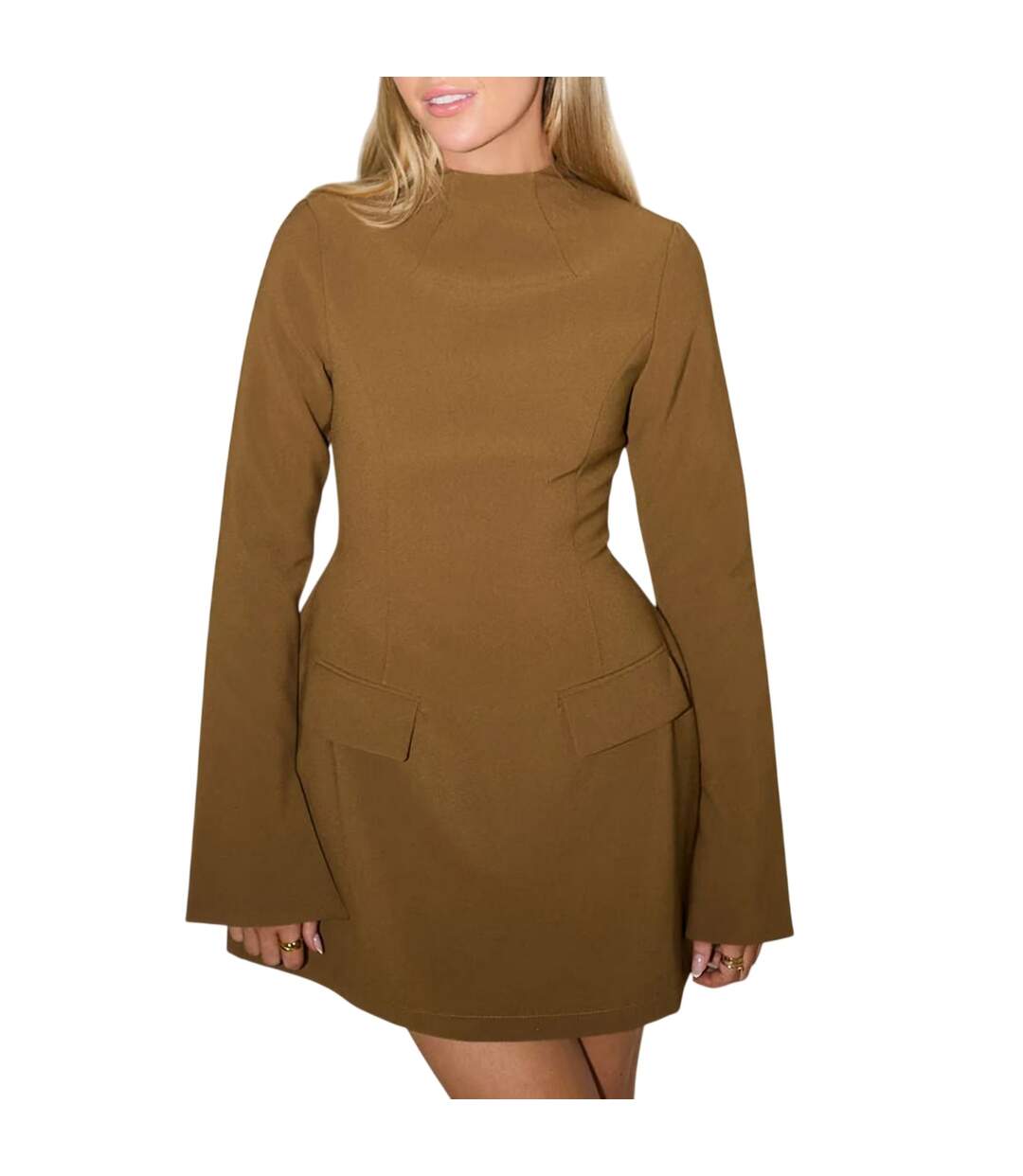 Robe Courte Manches Longues Femme Kaki Odd Muse-2