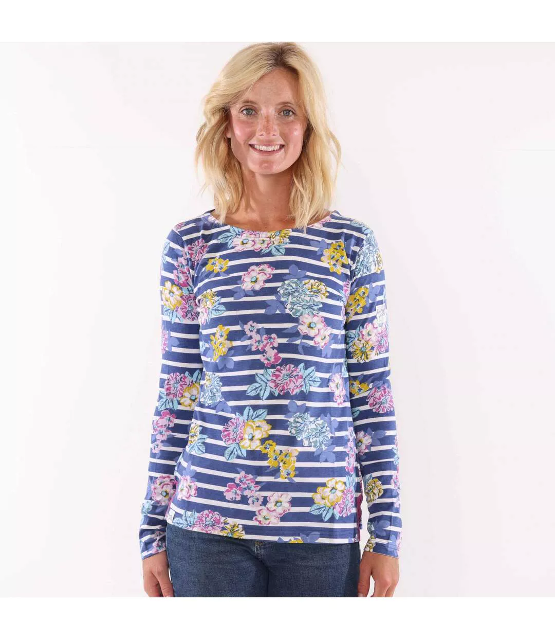 Womens/ladies Printed Breton Top Blue Lazy Jacks-2