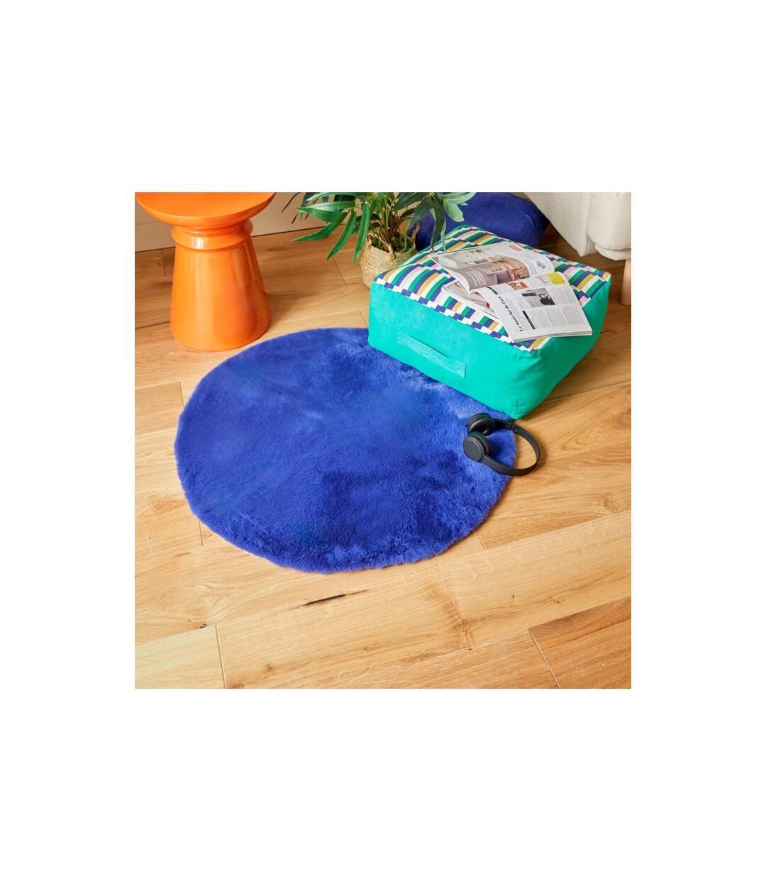 Tapis Rond Imitation Fourrure Doucea 80cm Bleu Indigo-3