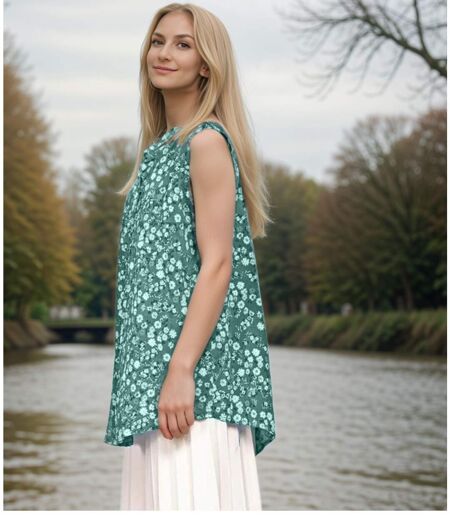 Tunique éclatante à  Fleurs Vertes - Blouse Sans Manches pour Femme