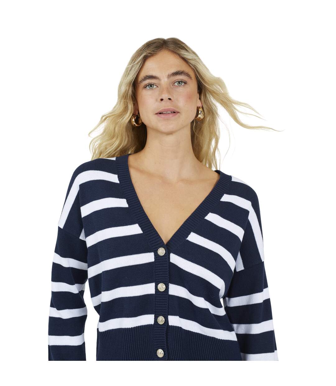 Womens/ladies Striped V Neck Cardigan Navy White Brave Soul-4