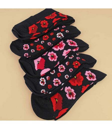 5 Pairs Ladies Poppy Footbed Socks - Soft Cotton Rich Floral Everyday Socks