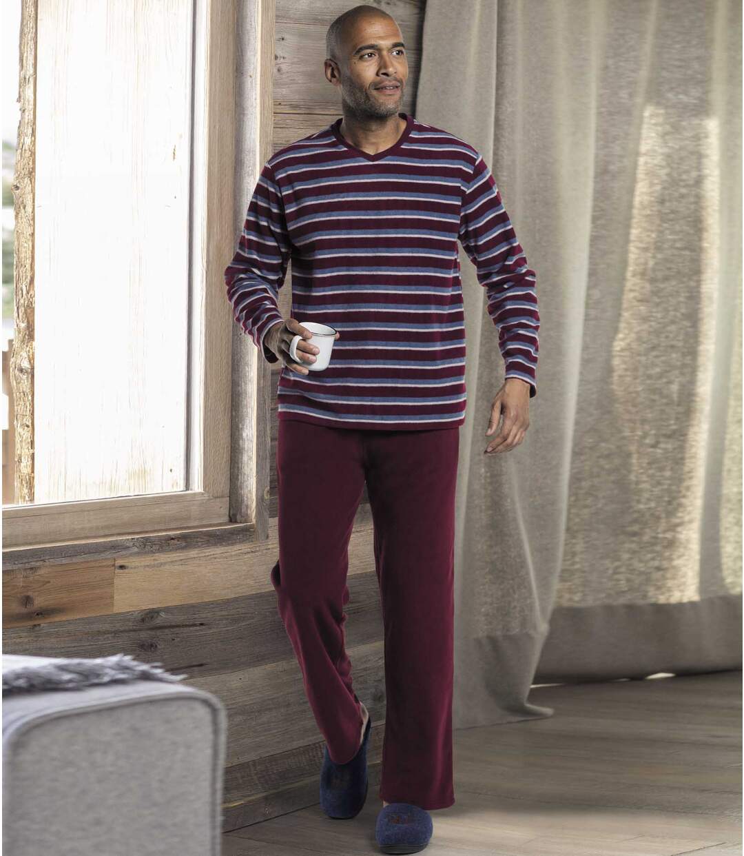 Men's Striped Burgundy Microfleece Pajamas  Atlas For Men