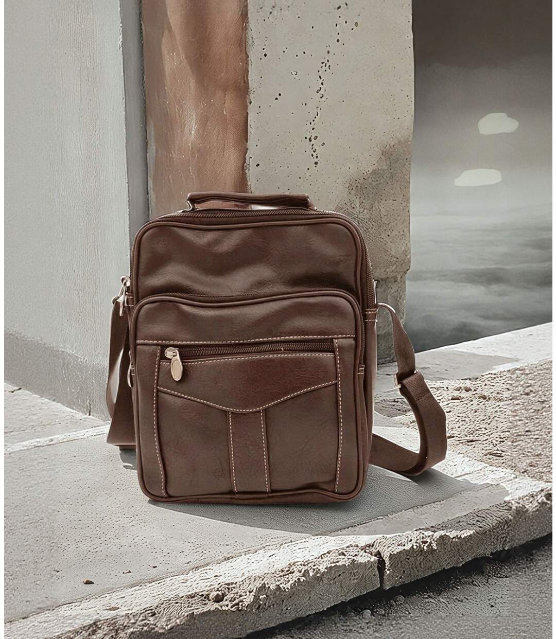 Sacoche bandoulière homme en simili cuir - Marron - Elégance fonctionnelle pour un style urbain-3