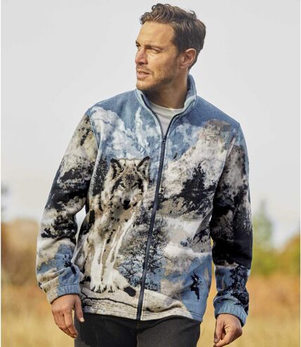 Men's Wolf-Print Full Zip Fleece Jacket - Blue Grey
