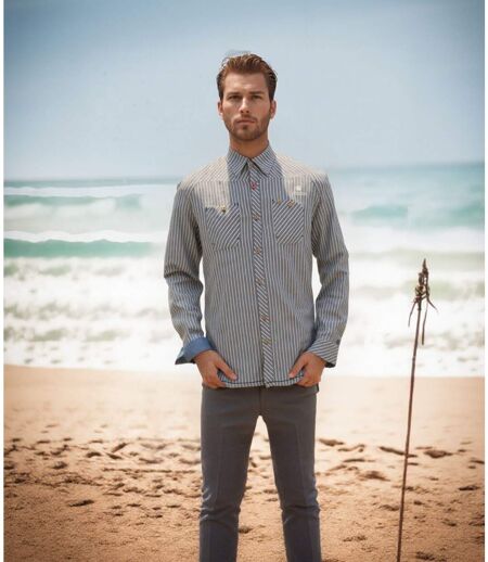Chemise Masculine Grise à  Rayures avec 2 Poches poitrine