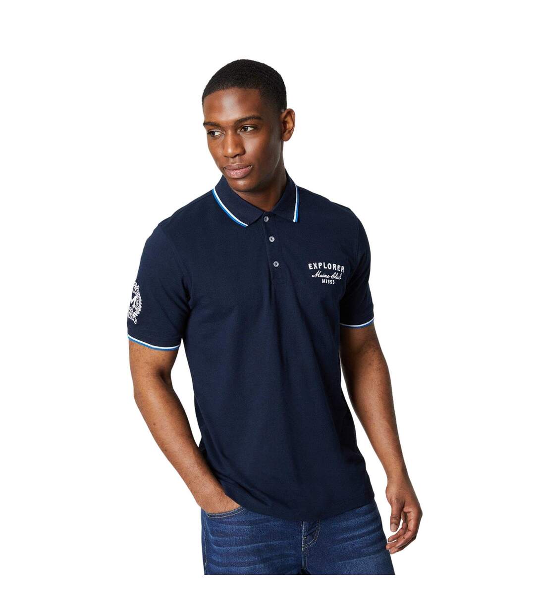 Mens tipped badge polo shirt navy Maine-1