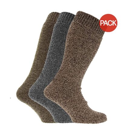 Mens Thermal Wool Blend Long Wellington Boot Socks (Pack Of 3) (Brown/Grey) - UTMB147