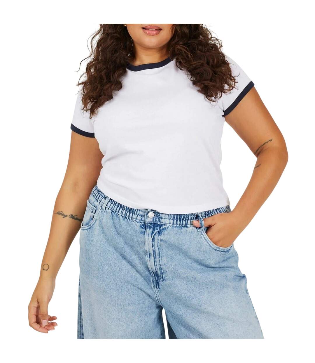 T-shirt Motif/style Ringer Femme Blanc Bleu Marine Brave Soul-2