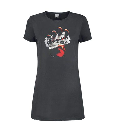 Womens/ladies British Steel Judas Priest T-shirt Dress Charcoal Amplified
