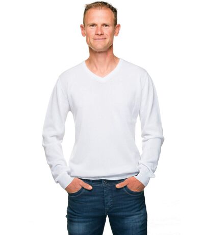 Pull coton homme col V blanc mercerisé