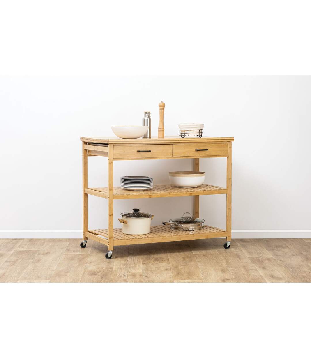 Ilot 2 tiroirs 2 niveaux en bois LINHA - Beige-2