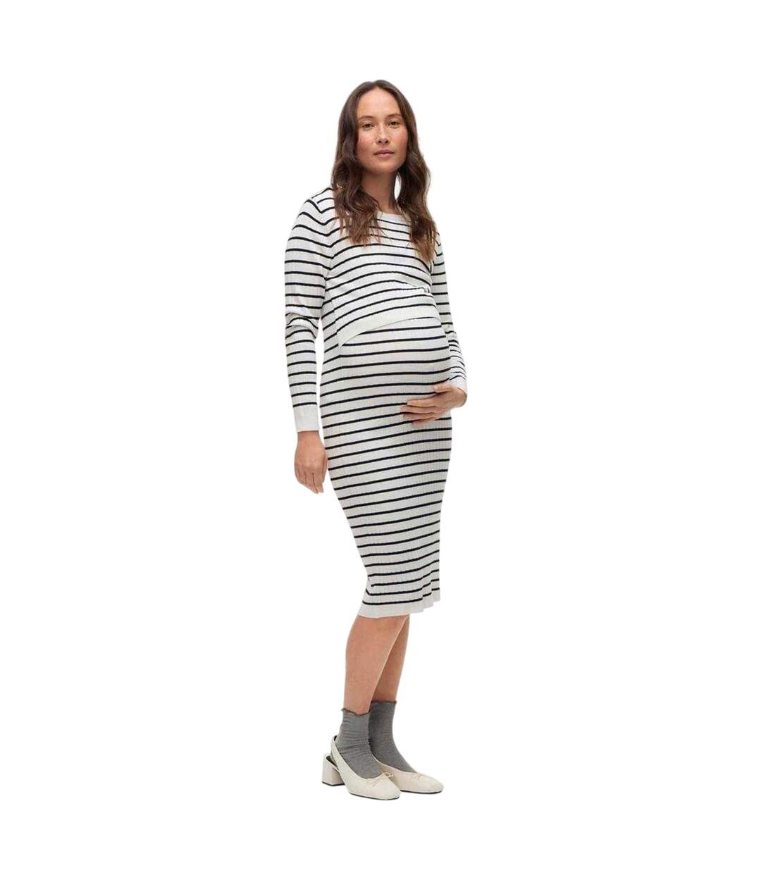 Robe Mi-longue Manches Longues Motif/style À Rayures Mlalima Femme Blanc Neige Mamalicious-3