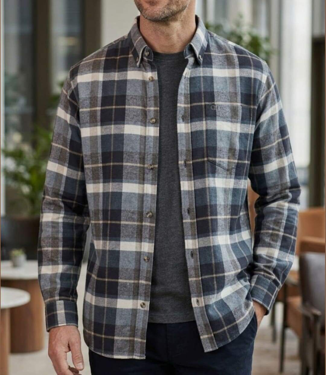 CHALLENGER BAKOU — Chemise à carreaux manches longues flanelle noir & beige : le confort doux et intemporel-1
