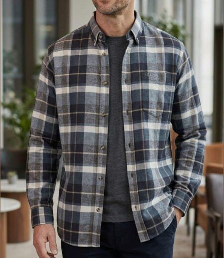 CHALLENGER BAKOU — Chemise à carreaux manches longues flanelle noir & beige : le confort doux et intemporel