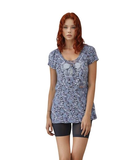 Blouse femme sans manche motif imprimé sur fond gris col en V