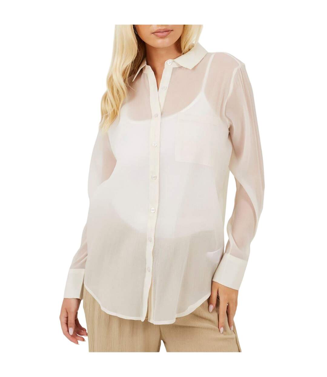 Womens/ladies Collared Long-sleeved Shirt Cream Brave Soul-2