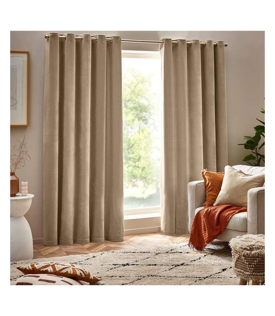 Chenille velvet eyelet curtains 117cm x 137cm natural Yard-1