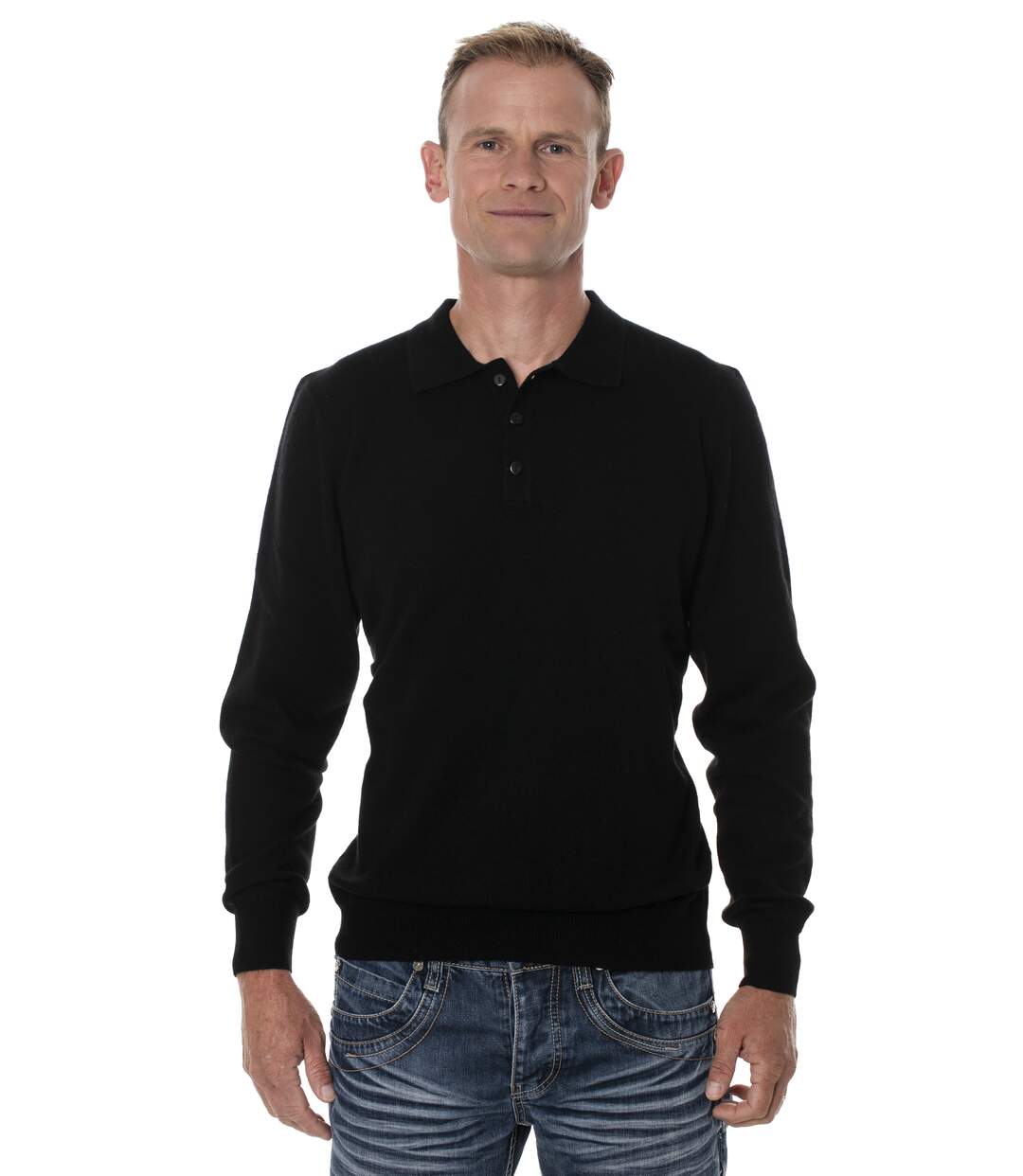 Pull homme laine de yak col polo noir-1