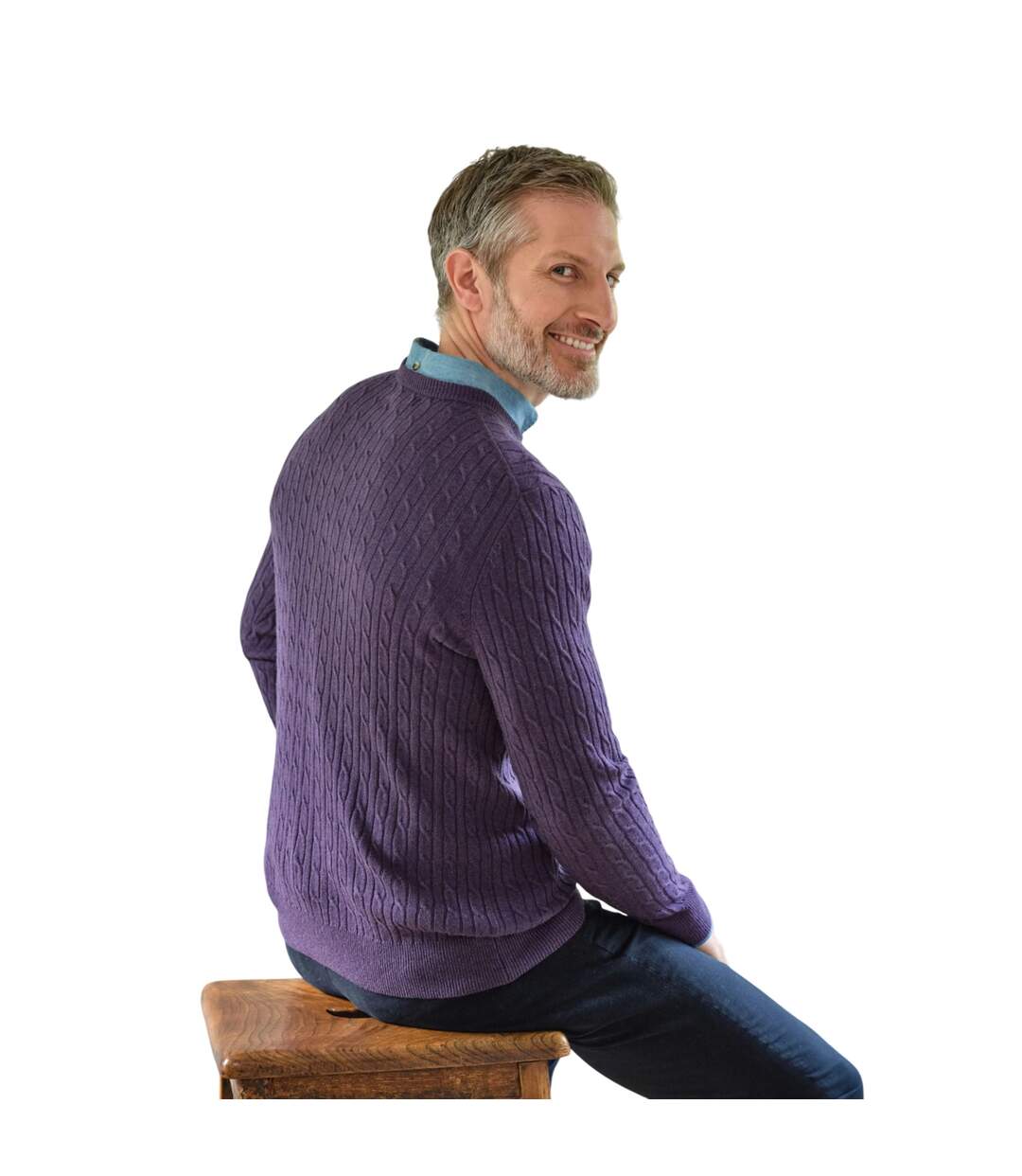 Mens Cable Knit Cashmere Merino Crew Neck Jumper Purple WoolOvers-2