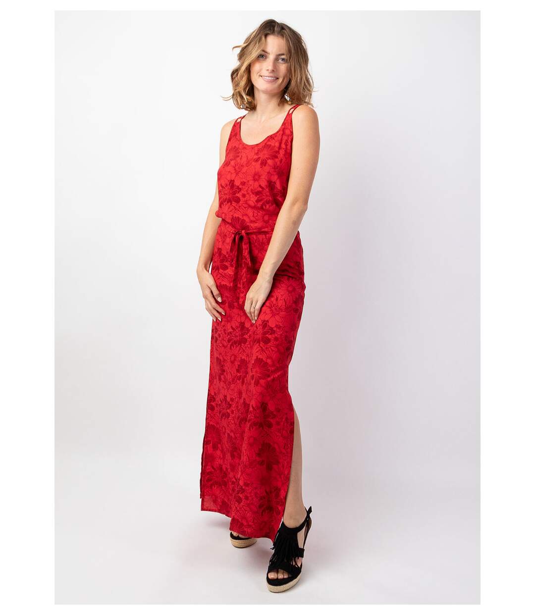 Robe longue fendue LAETITIA imprimé fleuri lumineux Coton Du Monde