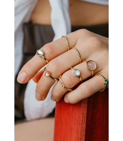 8 Pcs Set Colourful Stone Metallic Fashion Stacking Boho Rings