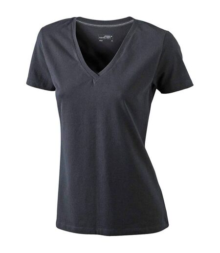 T-shirt col V - extensible - JN928 - NOIR - femme - manches courtes