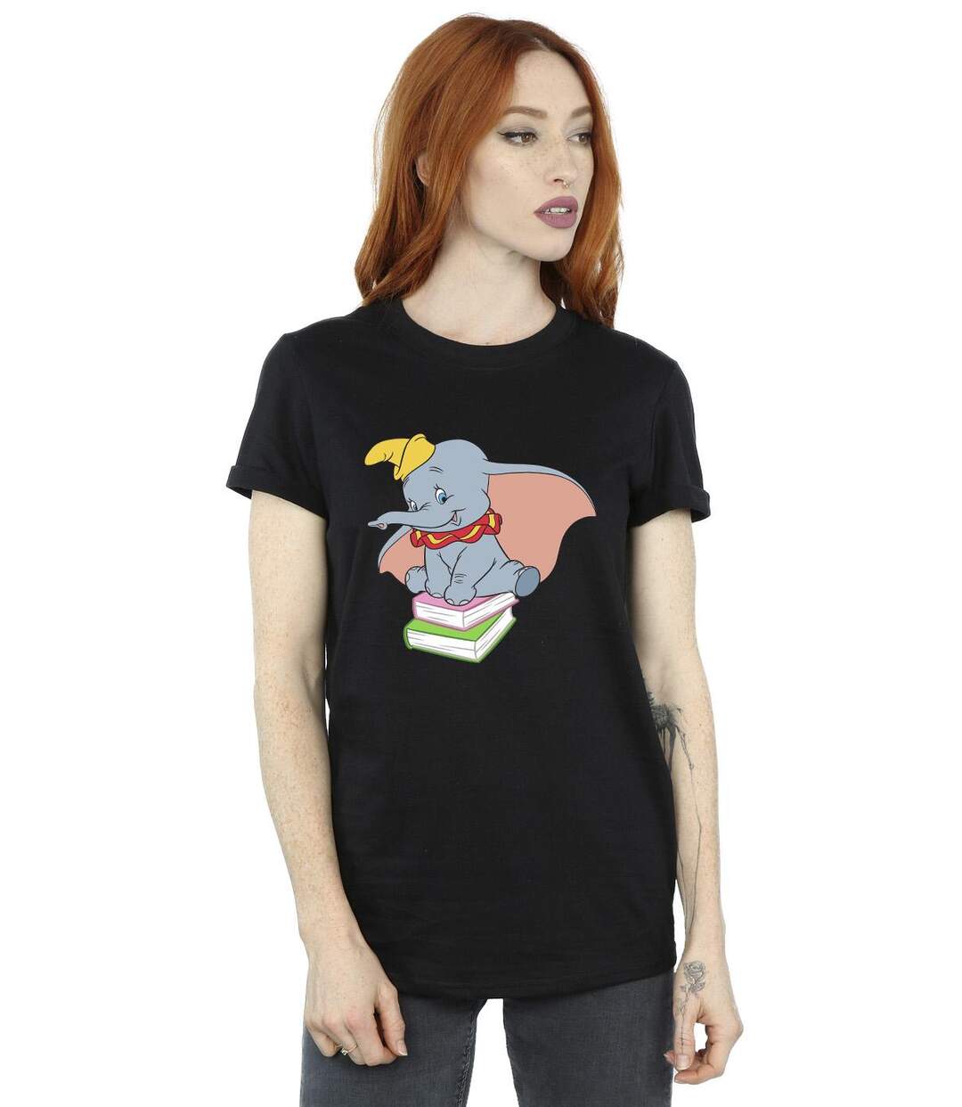 Disney Femme/Ladies Dumbo Sitting On Books Cotton Boyfriend T-Shirt (Noir) - UTBI20409-2