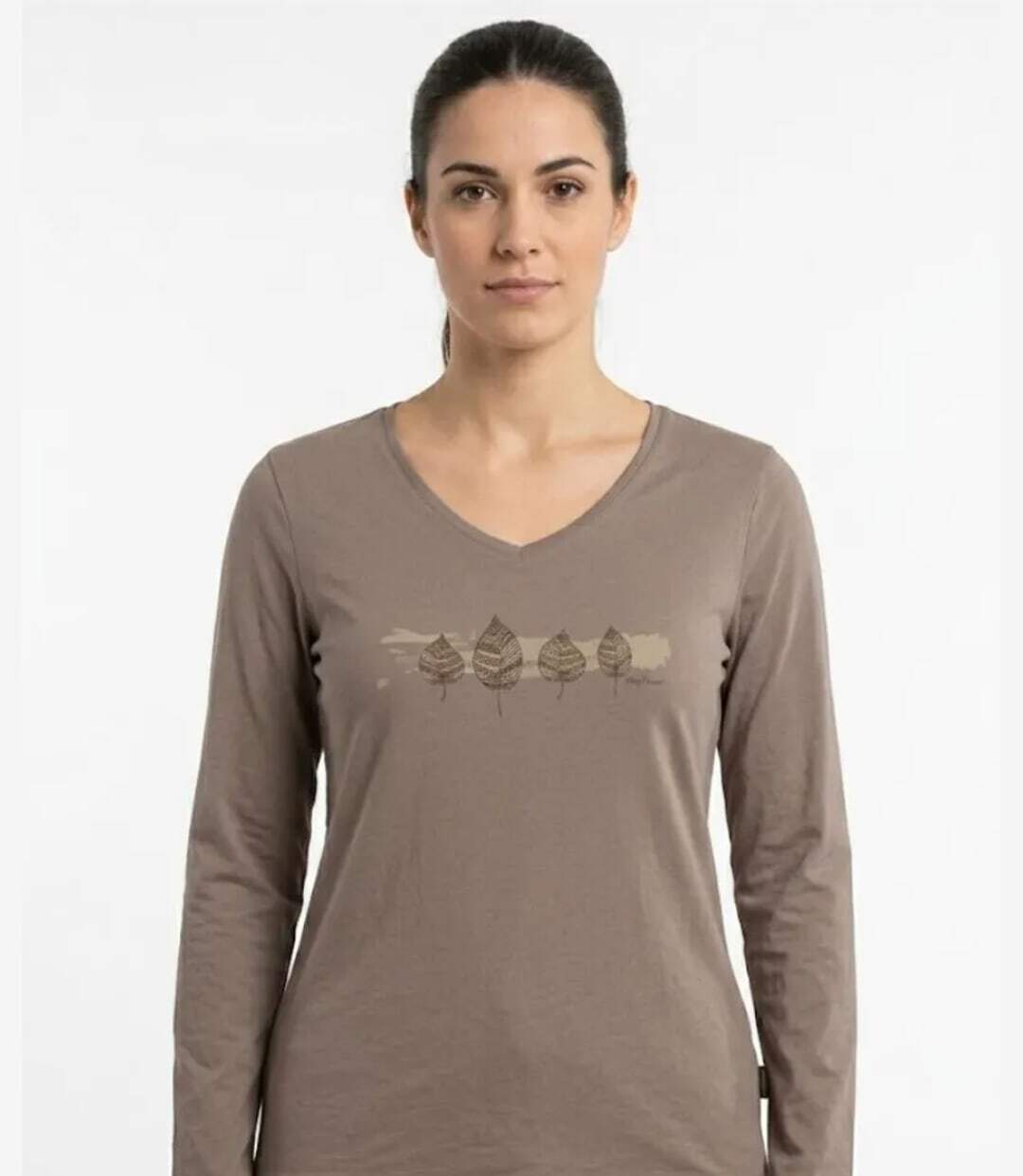 Mayflower NERVAL5 : Tee-shirt femme manches longues beige en coton avec petit col V-1