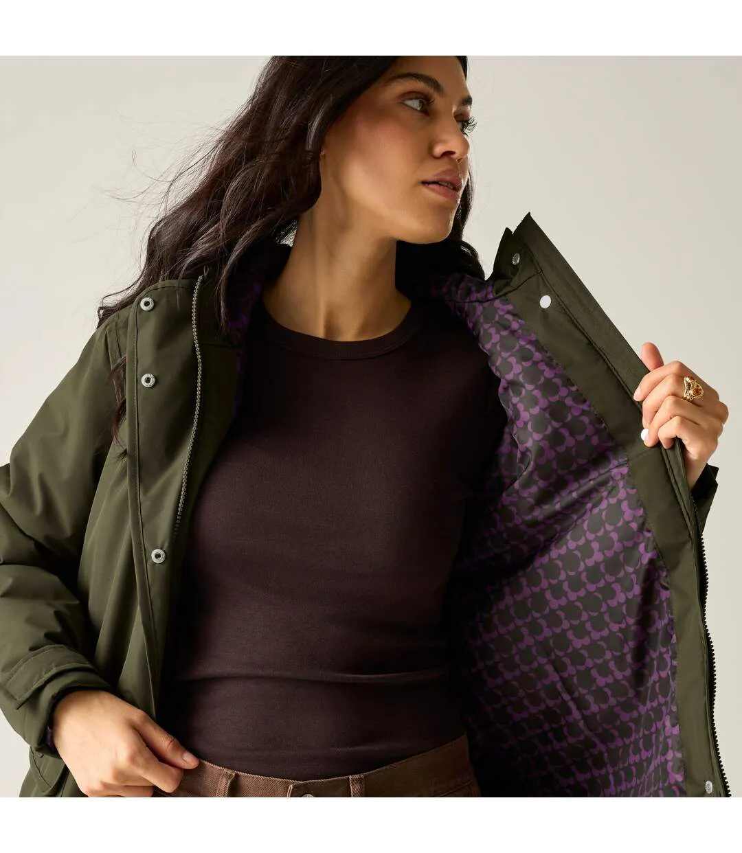 Veste Imperméable Et Isolante À Capuche Motif/style Uni Orla Kiely Femme Vert Kaki Violet Regatta-4