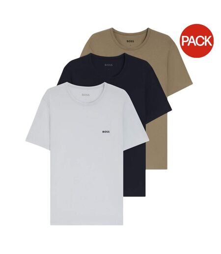 Lot De 3  T-shirts Motif/style Logo Brodé Homme Blanc Marron Noir Boss