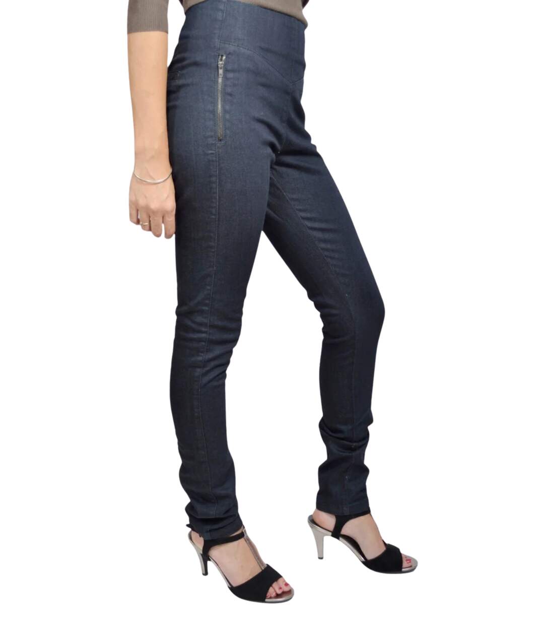 Pantalon femme taille haute coupe slim Bleu nuit - 5 poches, coton stretch-4