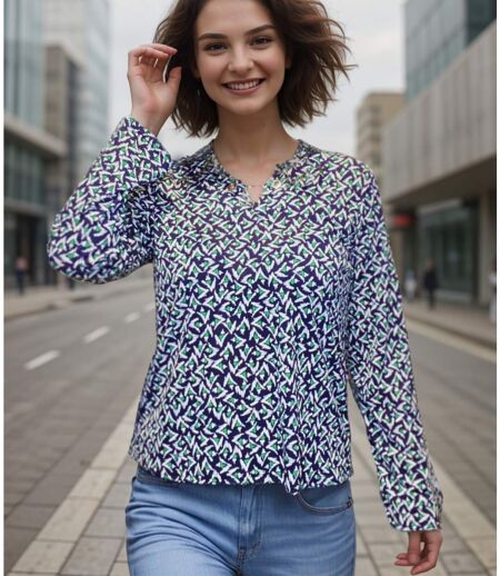 Blouse femme imprimée motifs fleurs manches longues - Col rond - Couleur vert - bleu