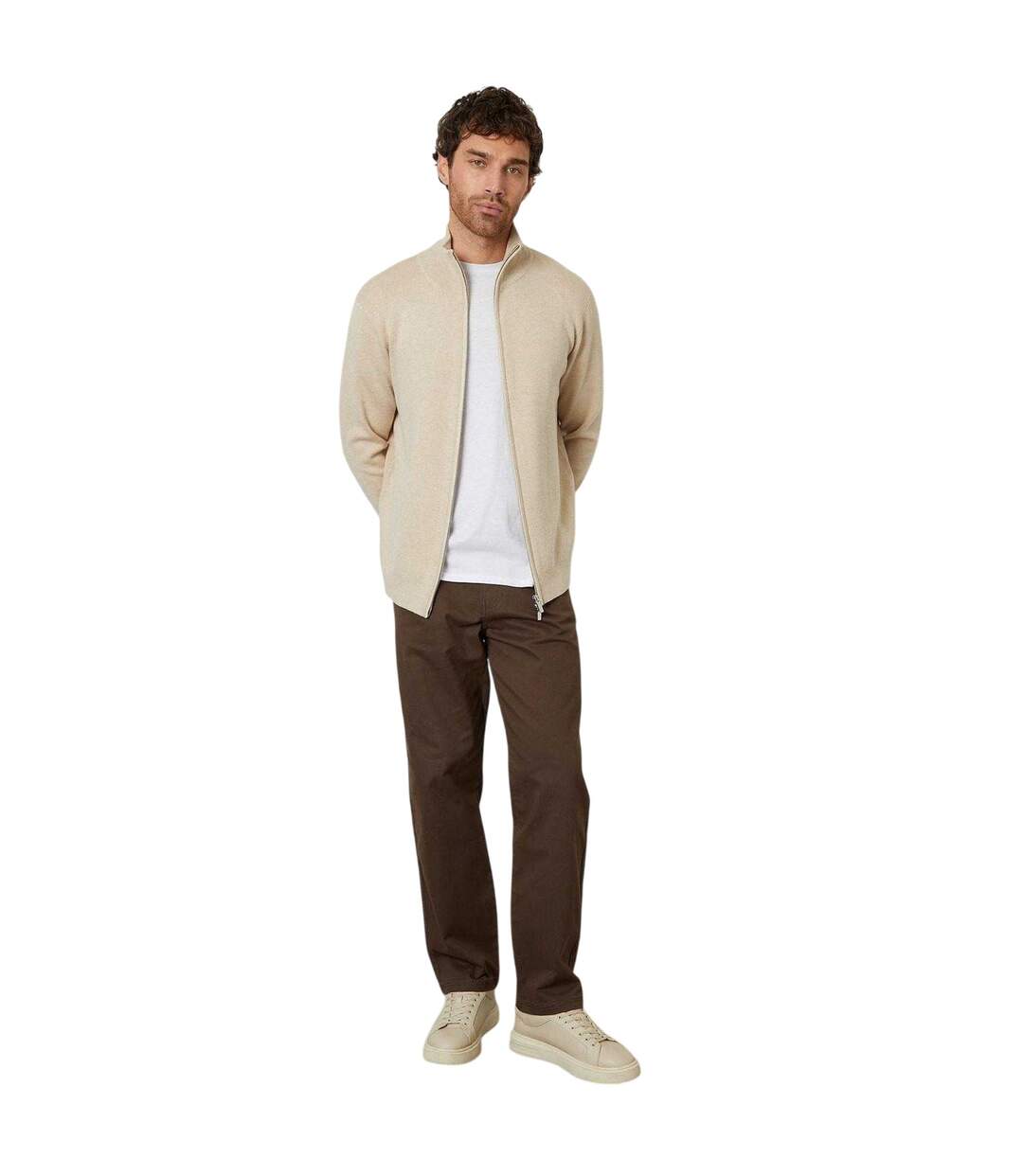 Mens Wynnstay Knitted Full Zip Cardigan Oatmilk Threadbare-1