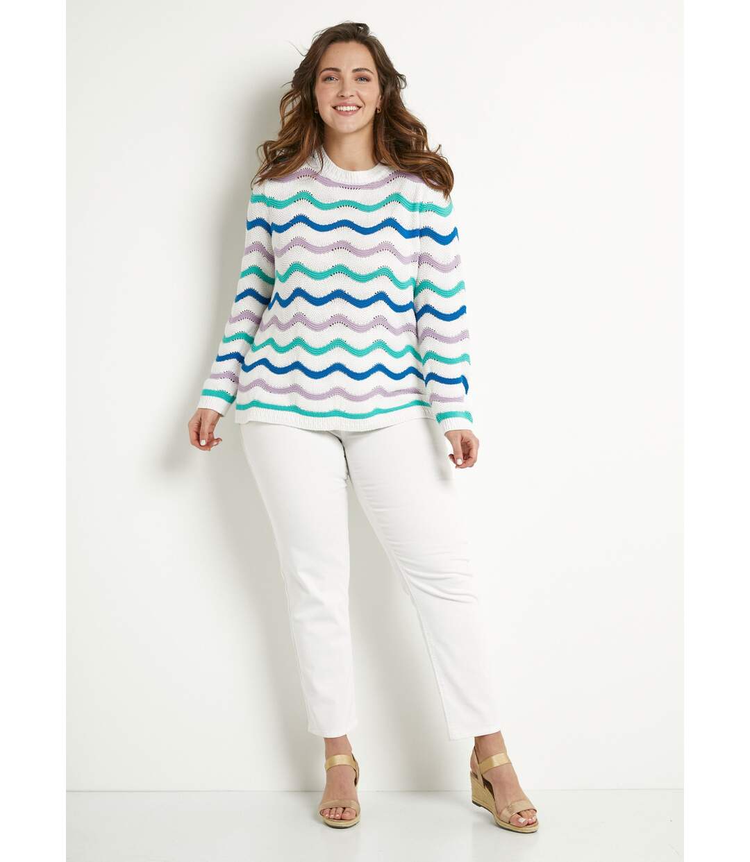 Pull doux col rond reliefé rayé point mousse-3