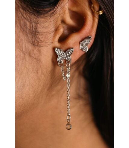 Long Butterfly Ear Cuffs Dangle Chain Tassel Silver Climber Chain Studs