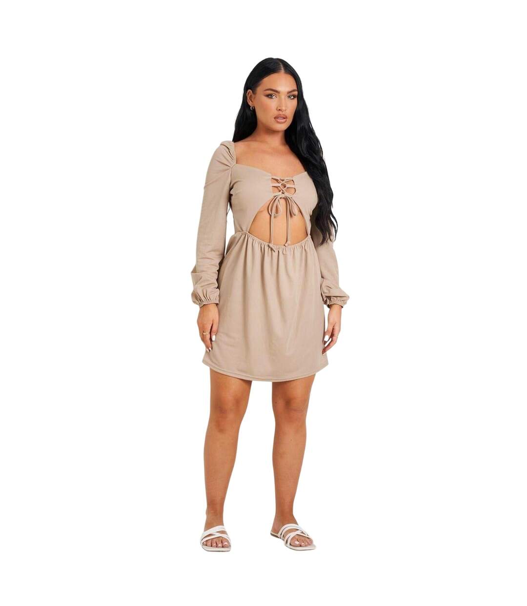 Robe Courte Manches Longues Up Front Femme Beige Clair Missy Empire-3