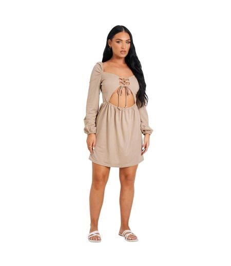 Robe Courte Manches Longues Up Front Femme Beige Clair Missy Empire
