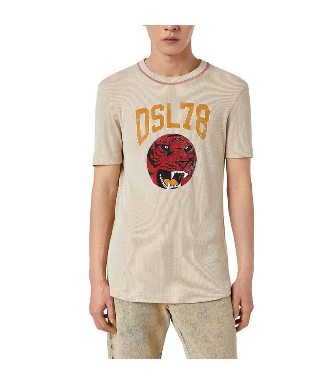 Unisex Adult Dsl78 Logo Ribbed T-shirt Beige Diesel-1