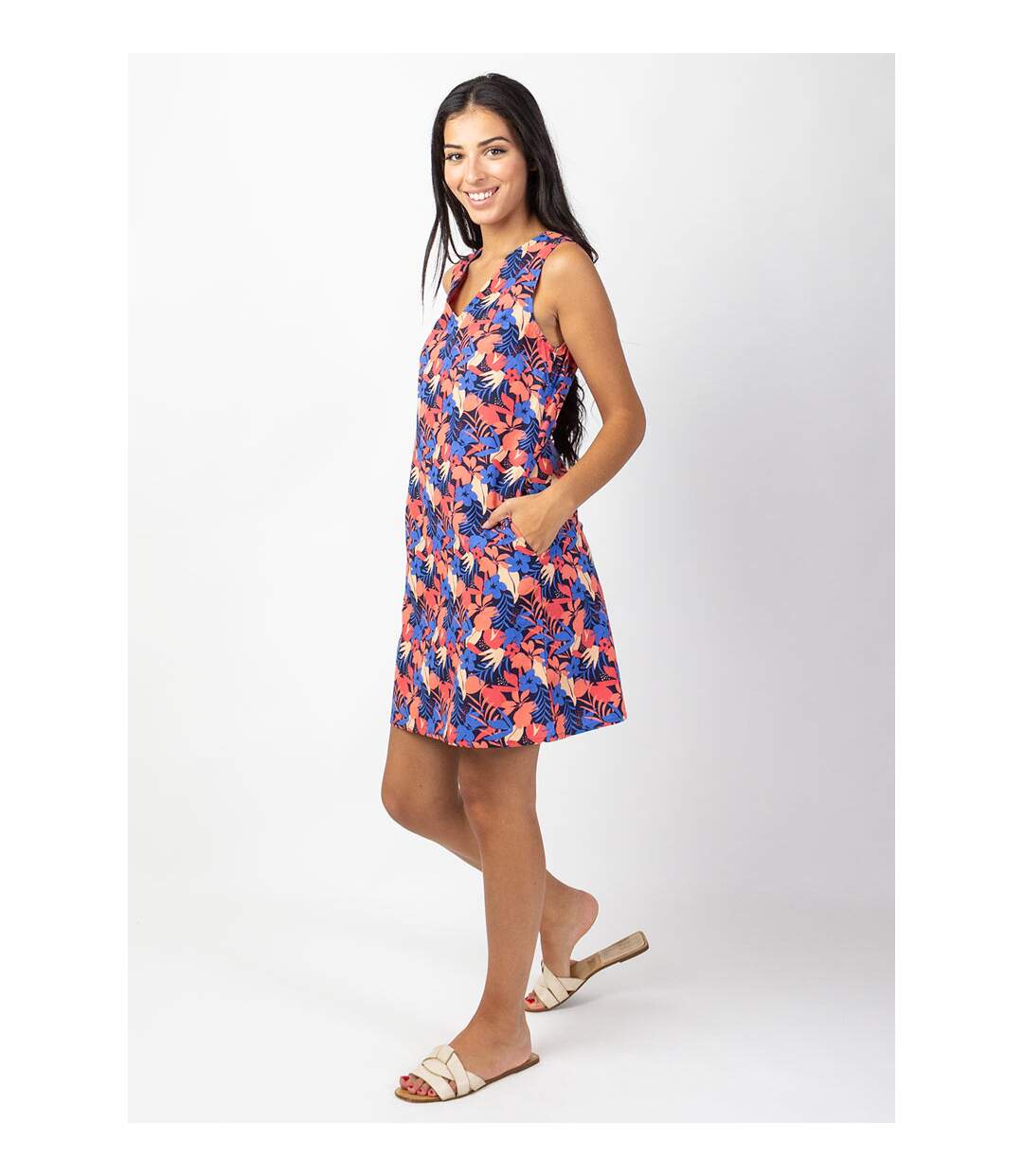 Robe courte DIANA coton sans manches col V imprimé coloré Coton Du Monde-3