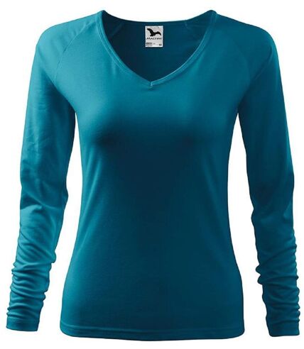 T-shirt col V - Extensible - Manches longues - Femme - MF127 - bleu turquoise foncé