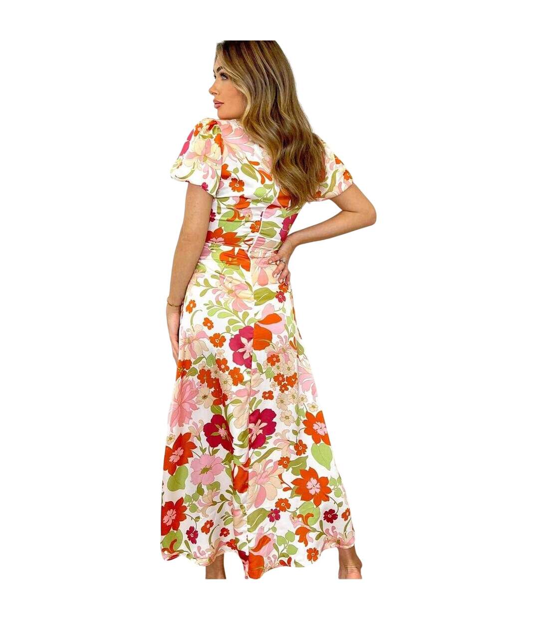 Robe Mi-longue Manches Bouffantes Motif/style Floral Femme Crème AX Paris-3