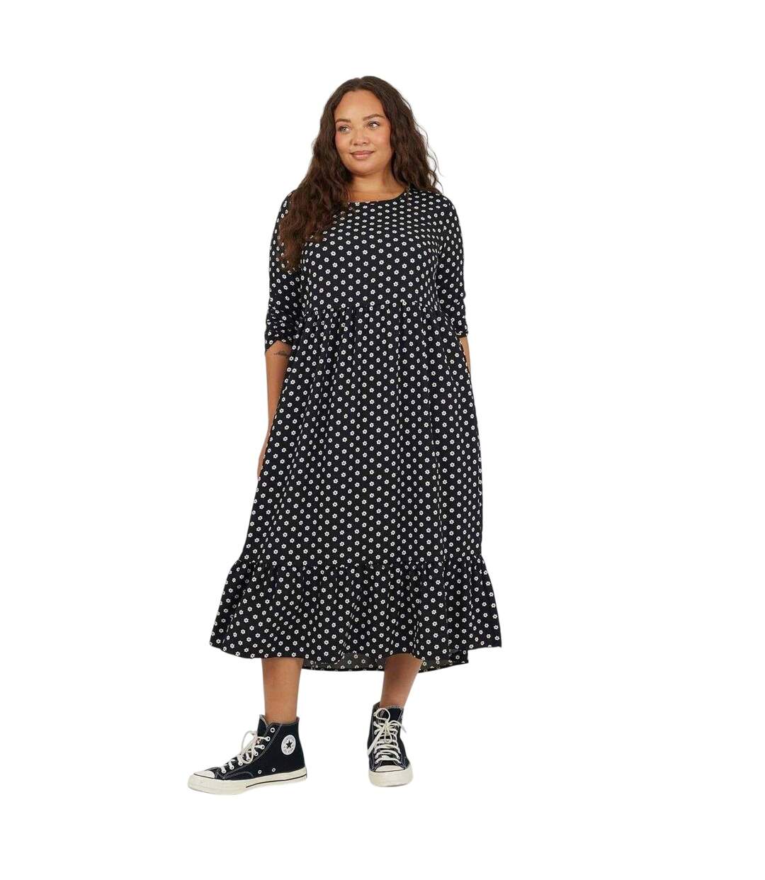 Womens/ladies Polka Dot 3/4 Sleeve Midi Dress Black White Brave Soul-4