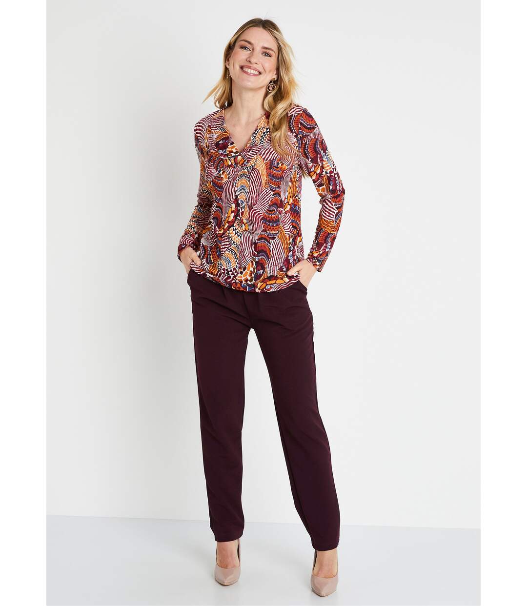 T-shirt court col croisé imprimé patchwork-3